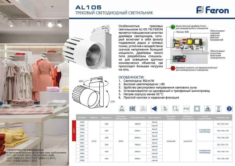 Светильник трековый на шинопровод Feron AL105 40W 4000K черный 3-фазный 32952