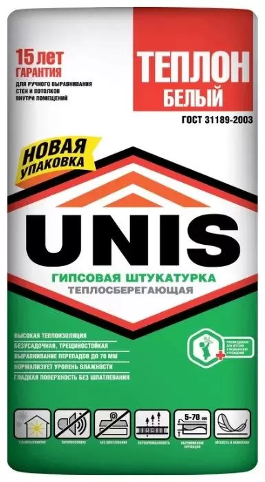 Гипсовая теплосберегающая штукатурка Юнис Теплон, белый, уп. 30 кг