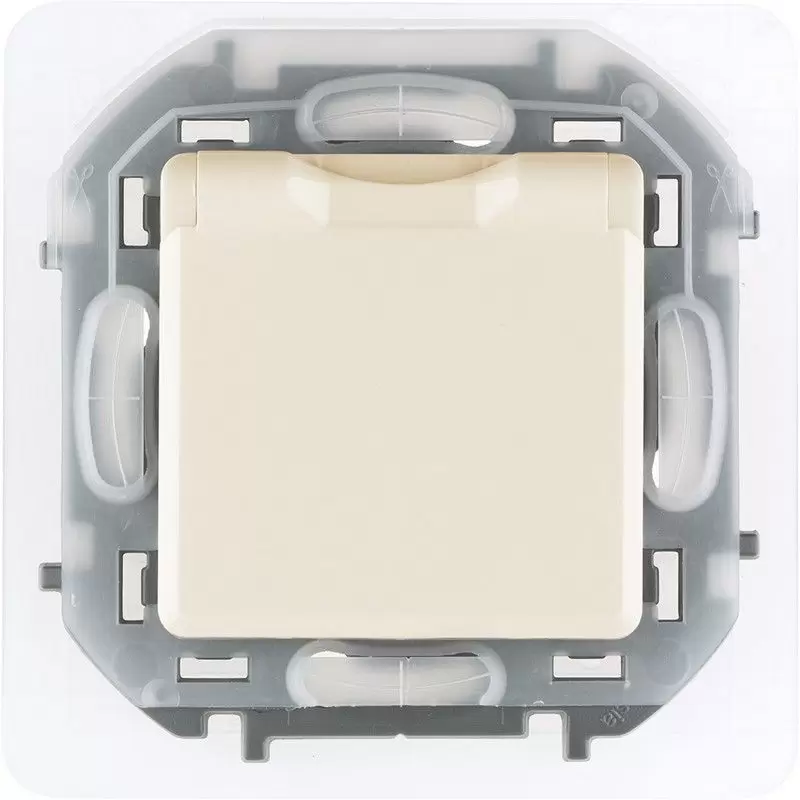 Розетка Legrand INSPIRIA Слоновая кость с заземлением IP 44 с откидной крышкой и шторками 673741