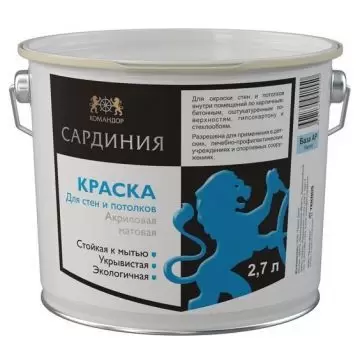 Полуматовая износостойкая полиакриловая краска для стен Командор Барбадос база А 2,7 л